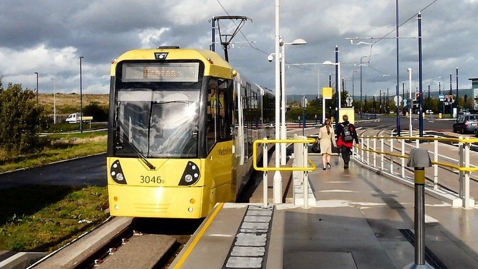 Tram at Ashton Moss Metrolink stop