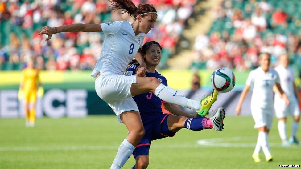 Jill Scott of England challenges Aya Sameshima of Japan