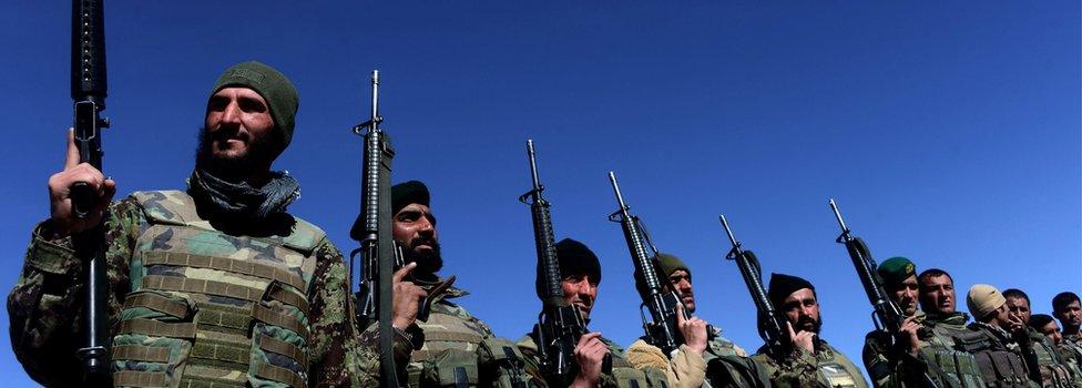 Afghan National Army (ANA) soldiers march during training by Italian soldiers from Nato's Resolute Support Mission in Herat, Afghanistan on 9 February 2017