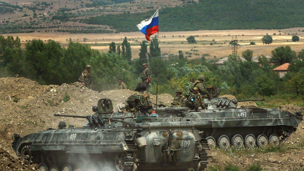 Russian tanks take positions near the village of Igoeti in Georgia