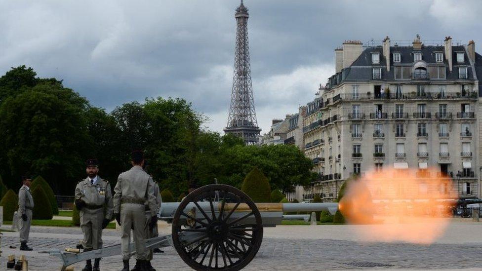 French army fire cannons at the Esplanade of the Invalides Hotel in Paris following Emmanuel Macron"s formal inauguration ceremony as French President on 14 May 2017 in Paris.