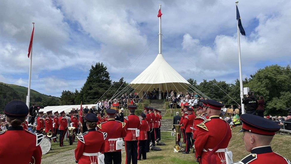 The band standing in front of Tynwald Hill