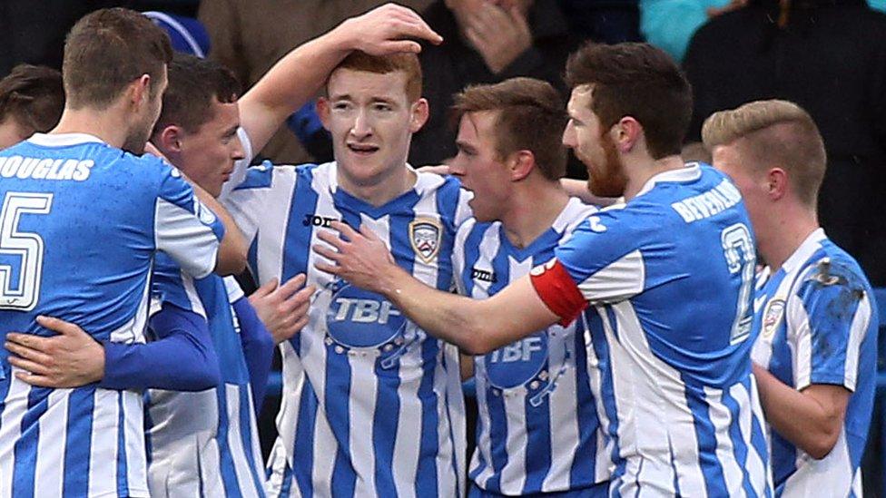 Coleraine celebrate Rodney Brown's 19th-minute goal which gave them a 1-0 home win over Ballinamallard United