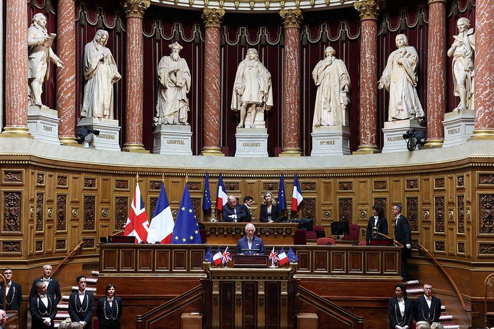 King Charles addresses Senators and members of the National Assembly at the French Senate