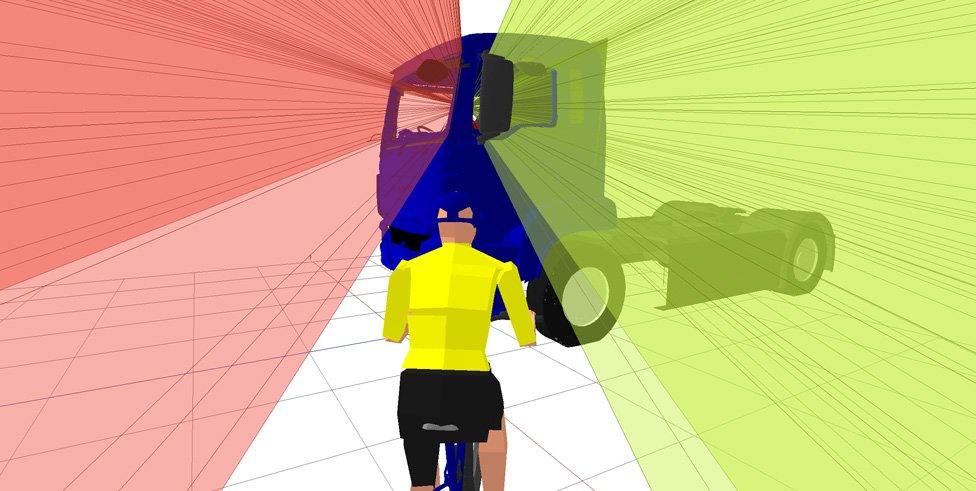 Graphic showing how a cyclist could be obscured by an HGV's blind spot when it takes a wide turn