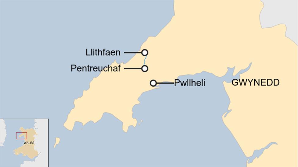 A map showing the location of the road in Gwynedd