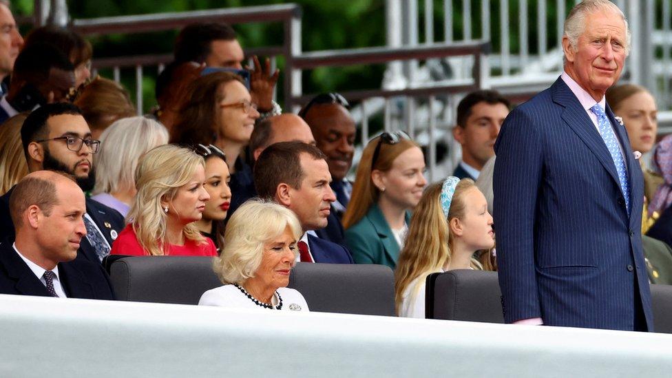 Prince Charles, Camilla, Duchess of Cornwall, and Prince William attend the Platinum Jubilee Pageant