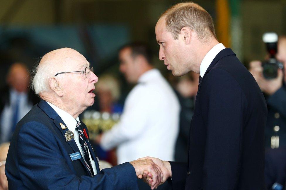 Veteran Lancaster pilot Rusty Waughman meeting Prince William