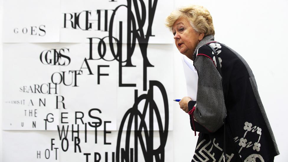 A visitor looks at 'DOUG' by artist Janice Kerbel ahead of the 2015 Turner Prize