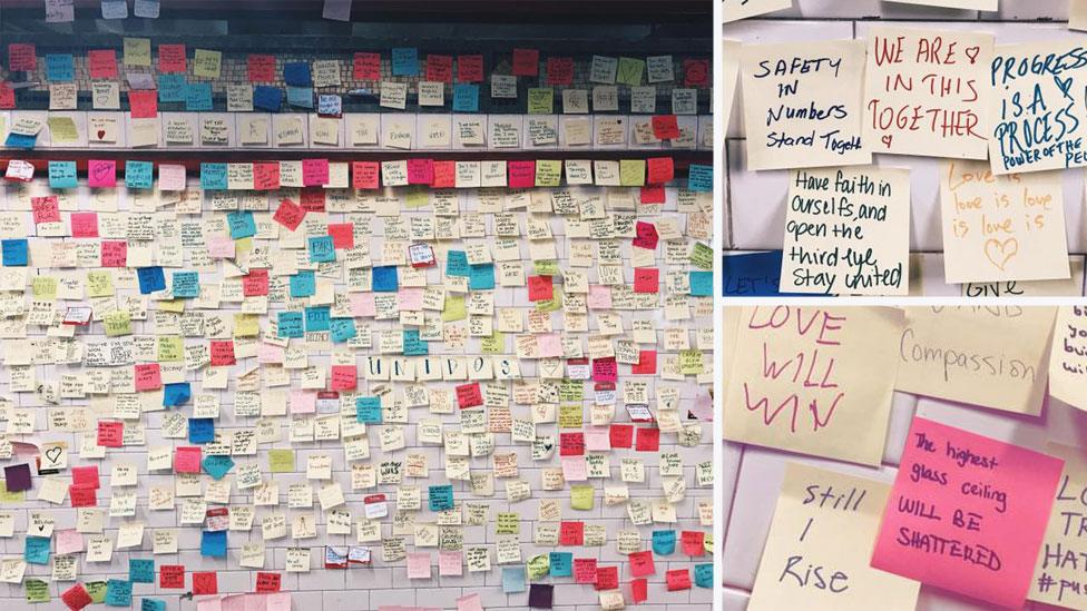 A three-part composite of messages, on post-its, stuck to the walls of New York's subway, with messages like: "we are in this together", "love will win", and "still I rise".