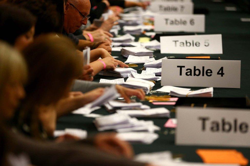 Ballot papers are checked ahead of the count at the Westmorland and Lonsdale constituency count at Kendal Leisure Centre on 8 June 2017 in Kendal