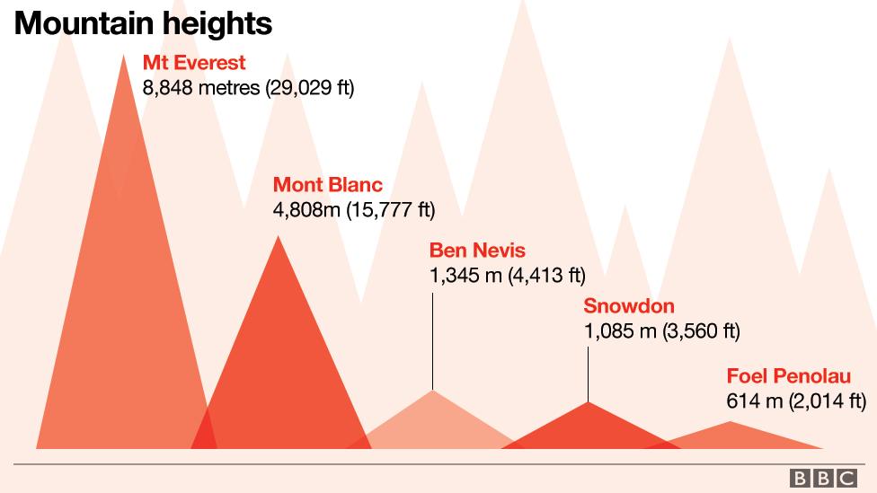 A graphic showing Foel Penolau's height relative to other mountains