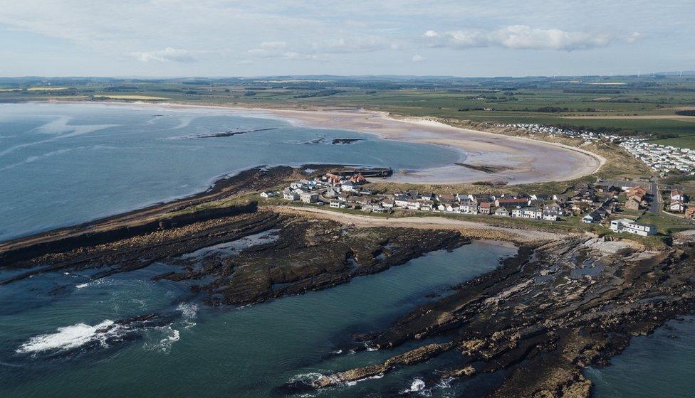 An aerial view of Beadnell Bay. You can see the full coastal line with the tide out and blue skies, looking down on the village.