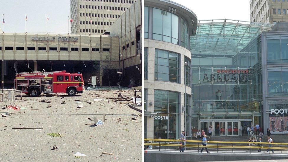 Arndale Centre after bomb and now