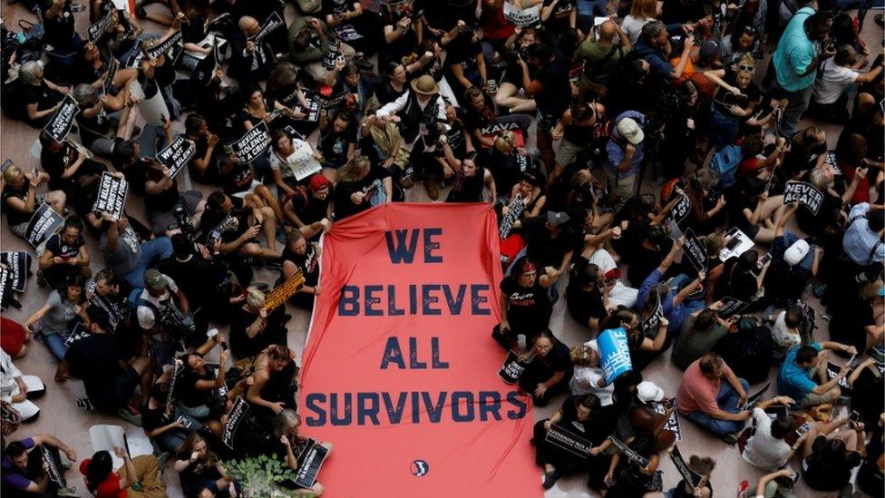 After the FBI report's release, activists have gathered in the Senate office building to protest Judge Kavanaugh's nomination