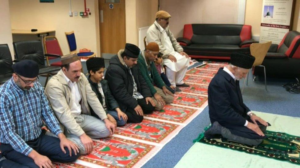 Worshippers at the Ahmadiyya mosque on Sanatorium Road, Cardiff