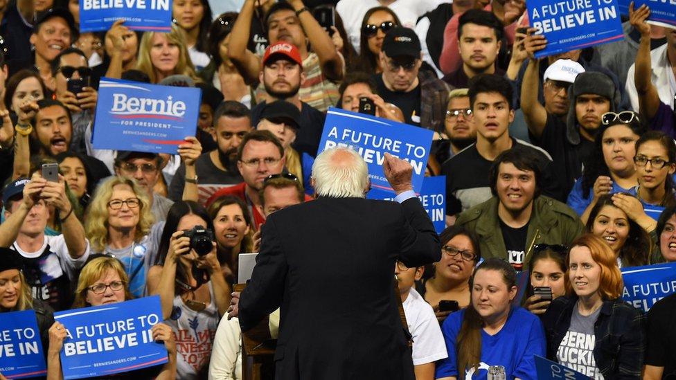 Democratic presidential candidate Bernie Sanders addresses a primary night election rally