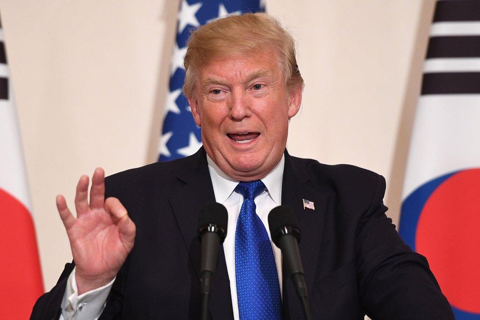 US President Donald Trump gestures during a joint press conference with South Korea's President Moon Jae-in at the presidential Blue House in Seoul on 7 November 2017.