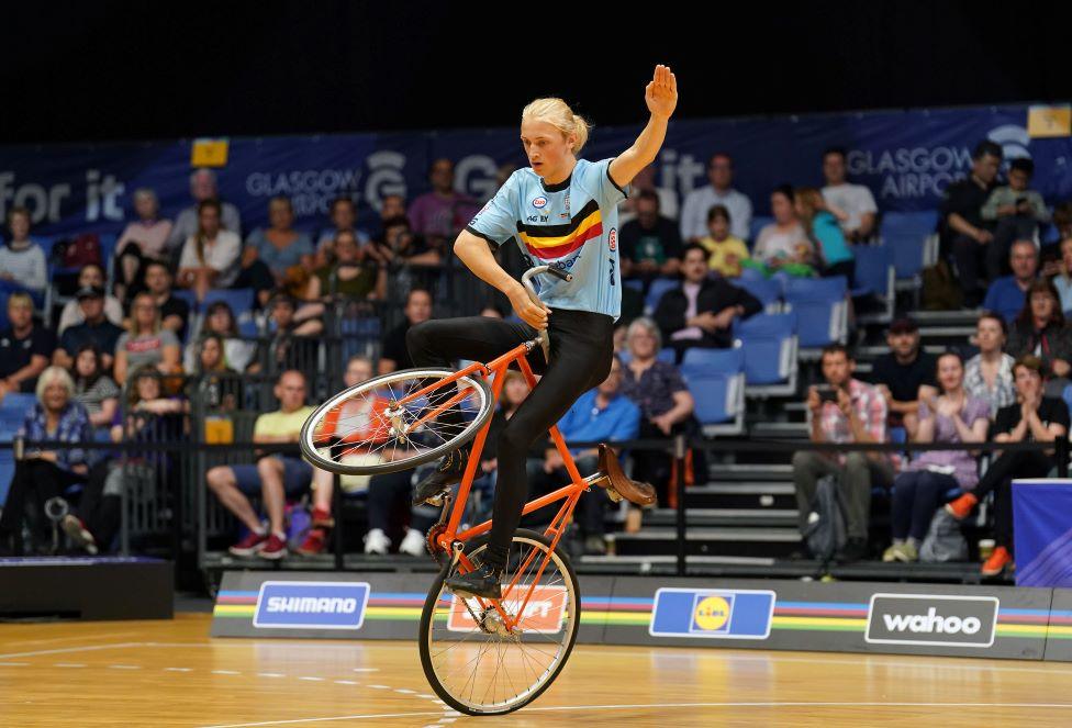 Belgium’s Finn Hoornaert competes in the Men’s Elite Single Artistic Cycling