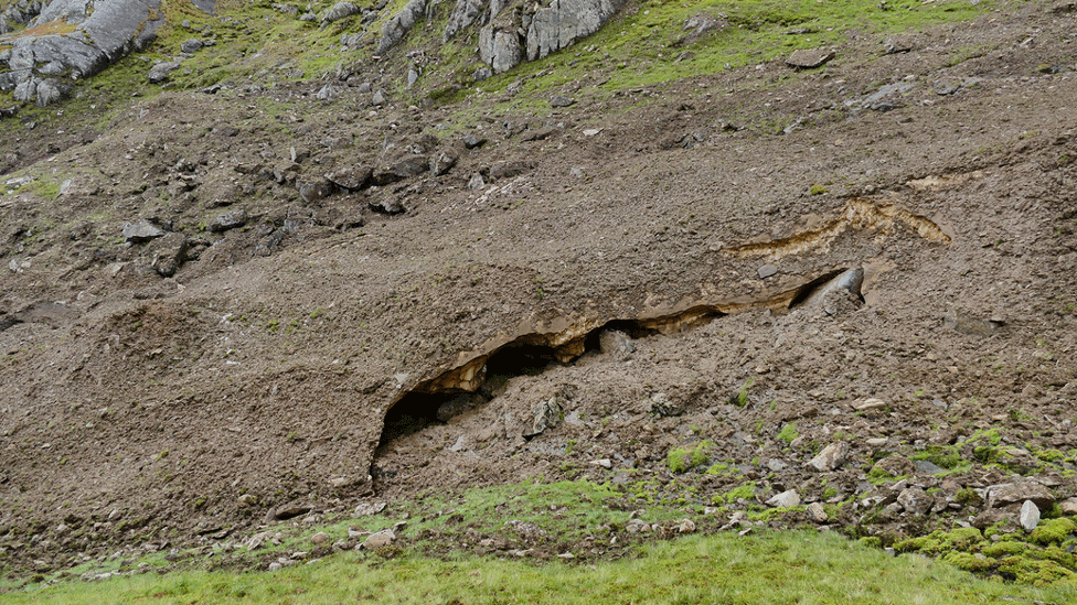 Mud covered avalanche debris at Sgurr na Lapaich