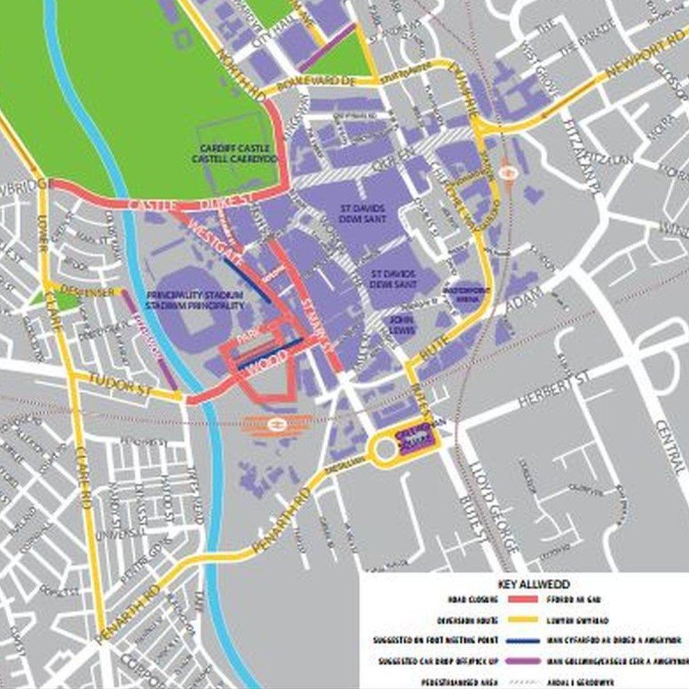 Road closure map for Cardiff on Saturday