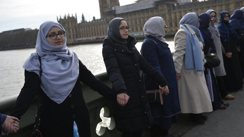 Women holding hands on Westminster Bridge