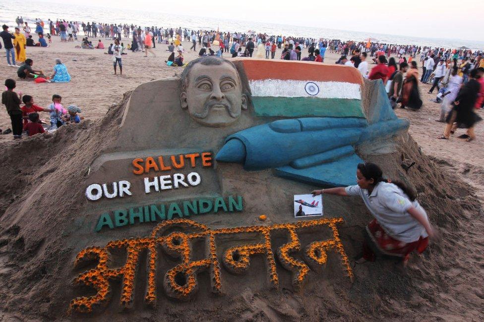 Sand art featuring Wing Commander Abhinandan Varthaman at a beach in Mumbai 2 March 2019.