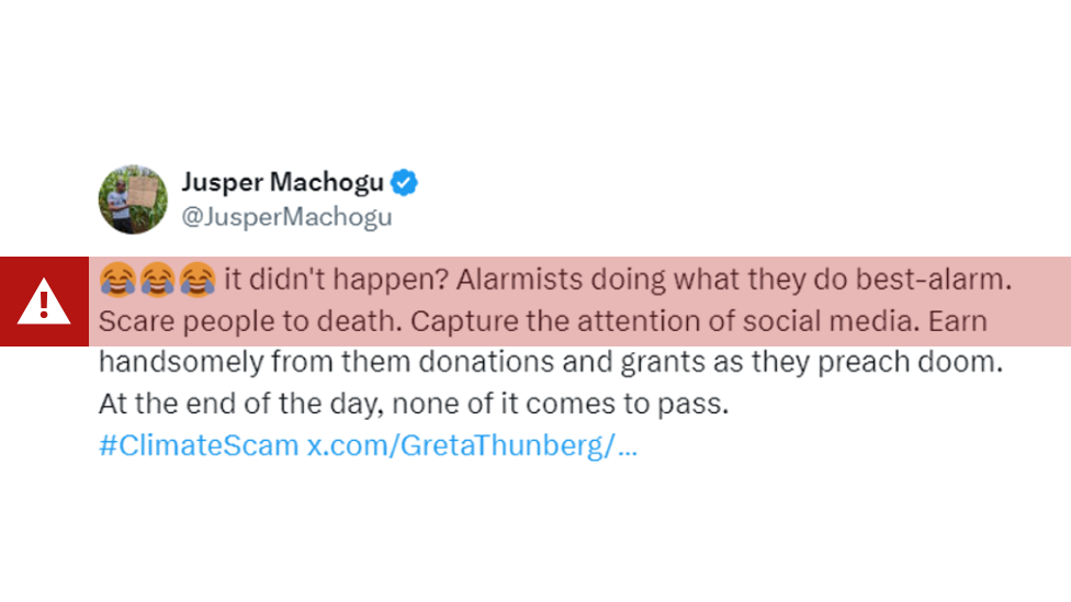 Screenshot of a tweet by Jusper Machogu accusing climate activists of alarmism and suggesting they might be driven by financial gain