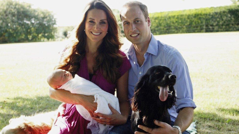 The Duke and Duchess of Cambridge with baby Prince George and dog, Lupo