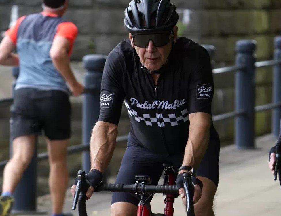 Harrison Ford cycling along the Newcastle Quayside