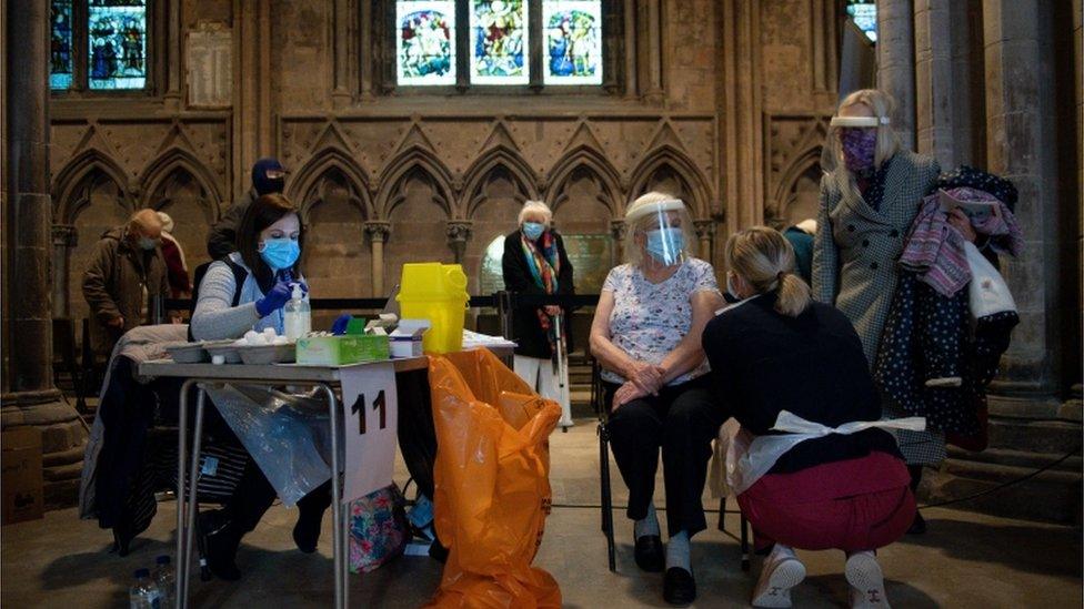 Audrey Elson, 84, receives an injection of the Oxford/AstraZeneca coronavirus vaccine at Lichfield Cathedral