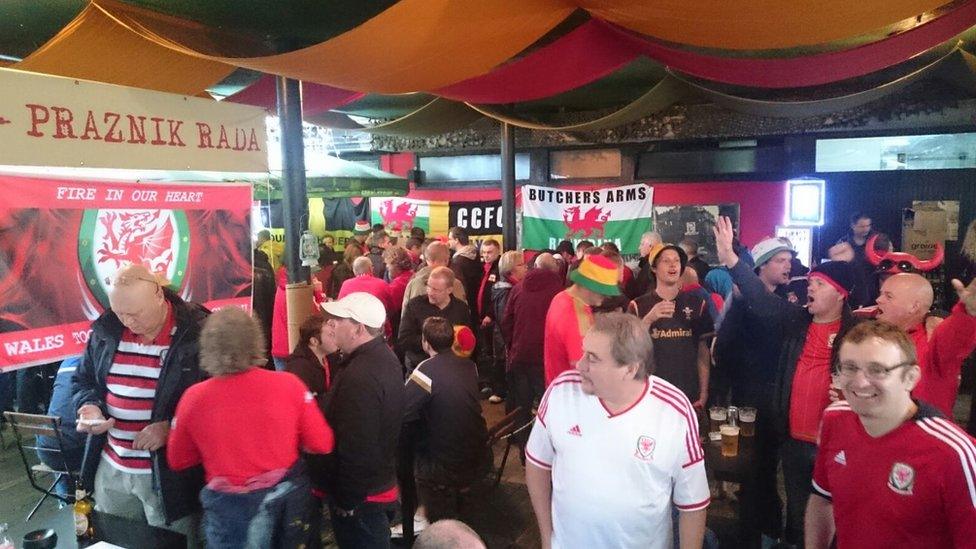 Wales fans at Caffe Tito in Sarajevo, Bosnia-Herzwgovina