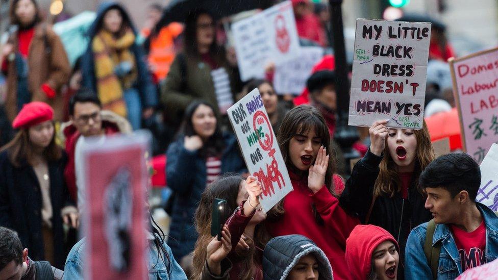 Women protesting against sexual violence at the Women's Strike