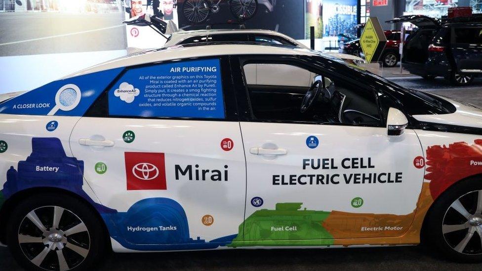 A Toyota Mirai model car is on display during the New York International Auto Show on April 18, 2019 in New York, United States.