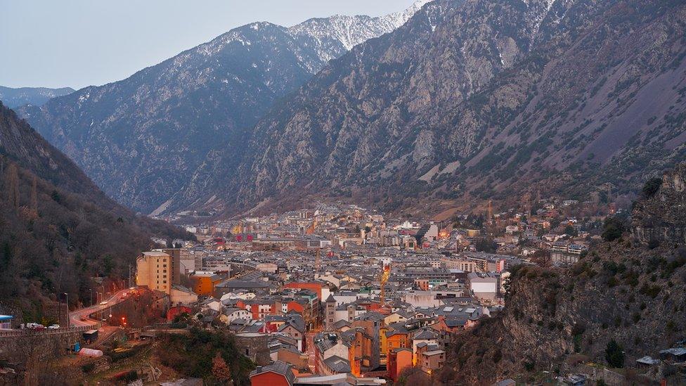 Andorra la Vella skyline at sunset