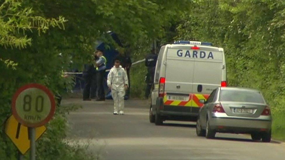 Police vehicles and investigators at the scene of the first incident in Walshestown