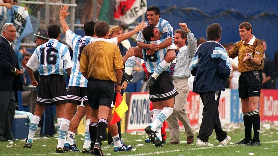 Argentina celebrate scoring against Nigeria