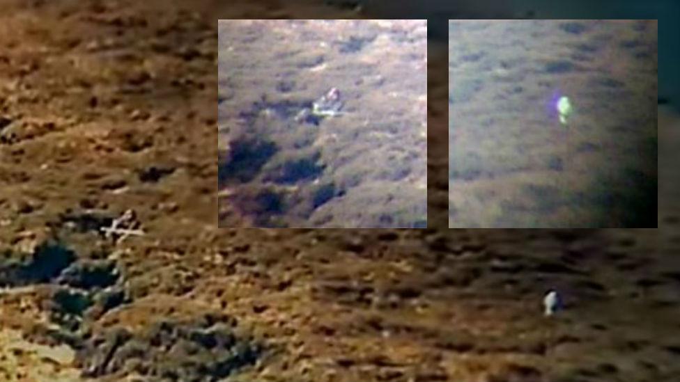 Stills from footage showing armed man and decoy hen harrier