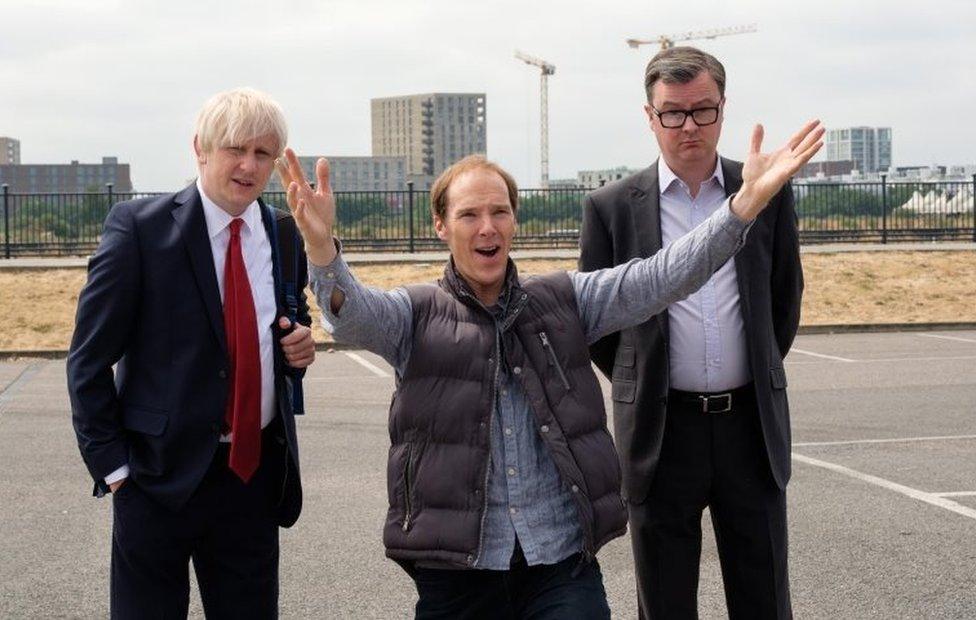 Benedict Cumberbatch as Dominic Cummings, Richard Goulding as Boris Johnson and Oliver Maltman as Michael Gove in Brexit: The Uncivil War