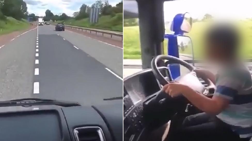 Boy at wheel of lorry