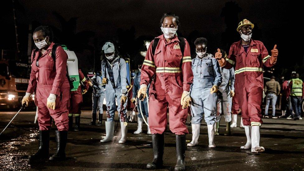 A market being disinfected in Nairobi at night, 15 April 2020