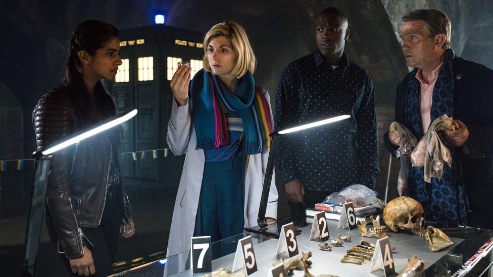 Mandip Gill, Jodie Whittaker, Tosin Cole and Bradley Walsh in Doctor Who