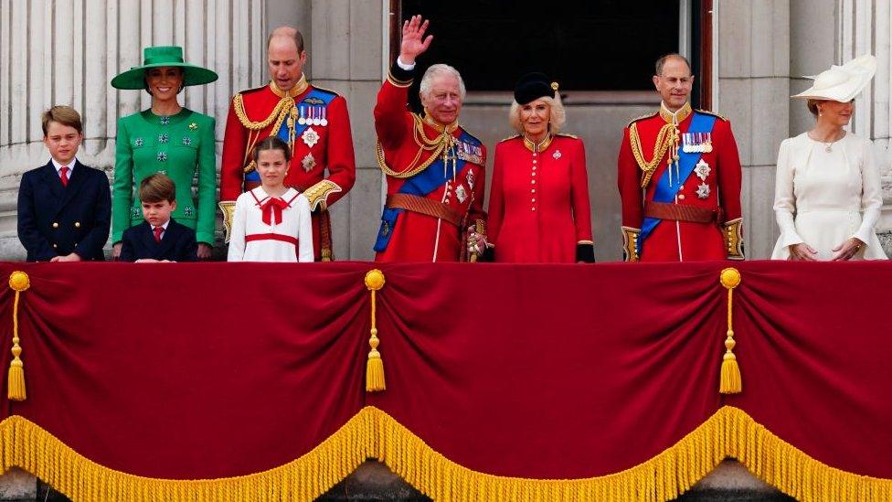 Prince George, the Princess of Wales, Prince Louis, the Prince of Wales, Princess Charlotte, King Charles III, Queen Camilla, the Duke of Edinburgh and the Duchess of Edinburgh on the balcony of Buckingham Palace