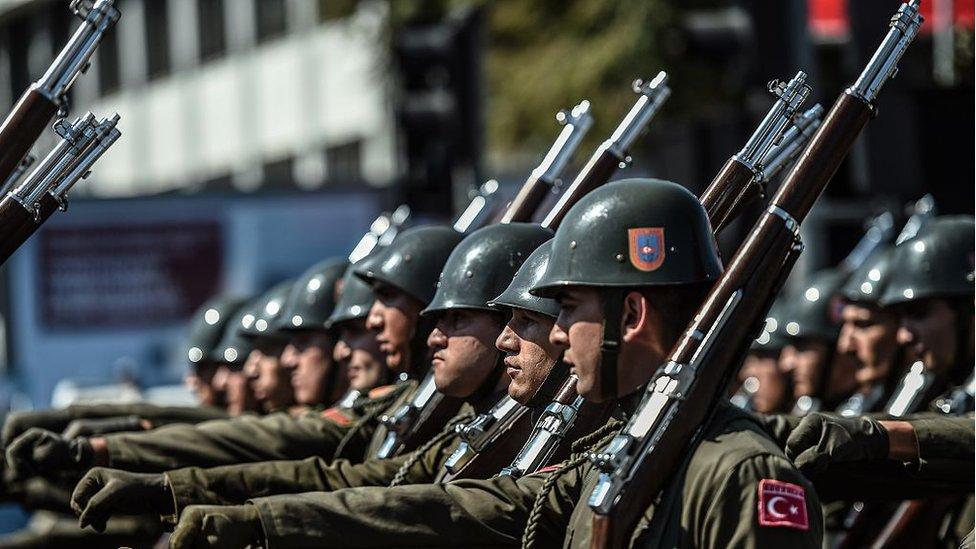 Turkish soldiers march in a military parade