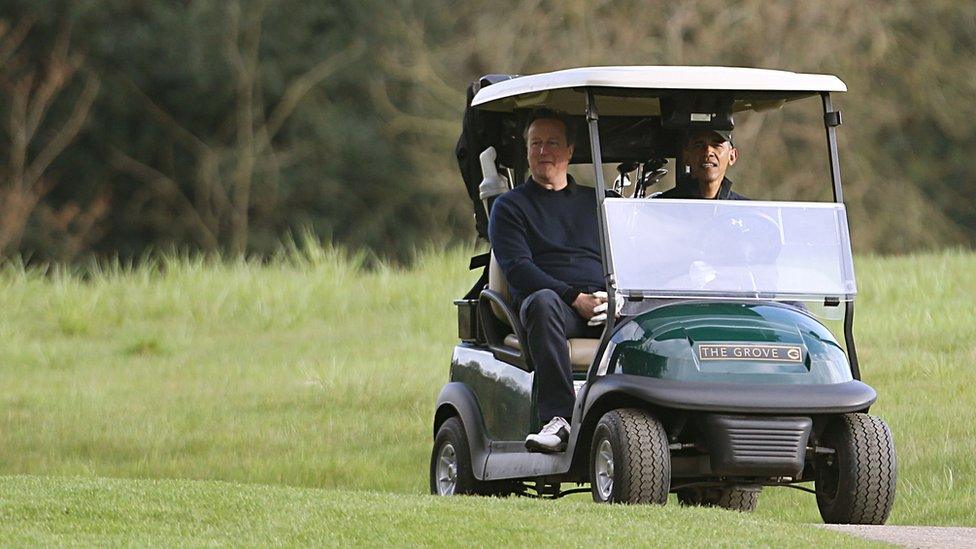 President Barack Obama and David Cameron play golf at The Grove in Hertfordshire