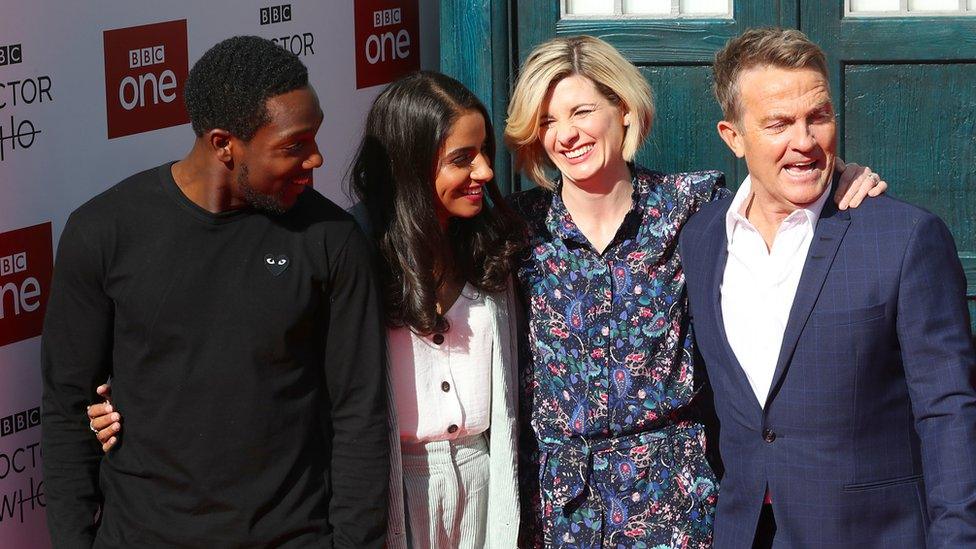 Whittaker with co-stars Tosin Cole, Mandip Gill and Bradley Walsh