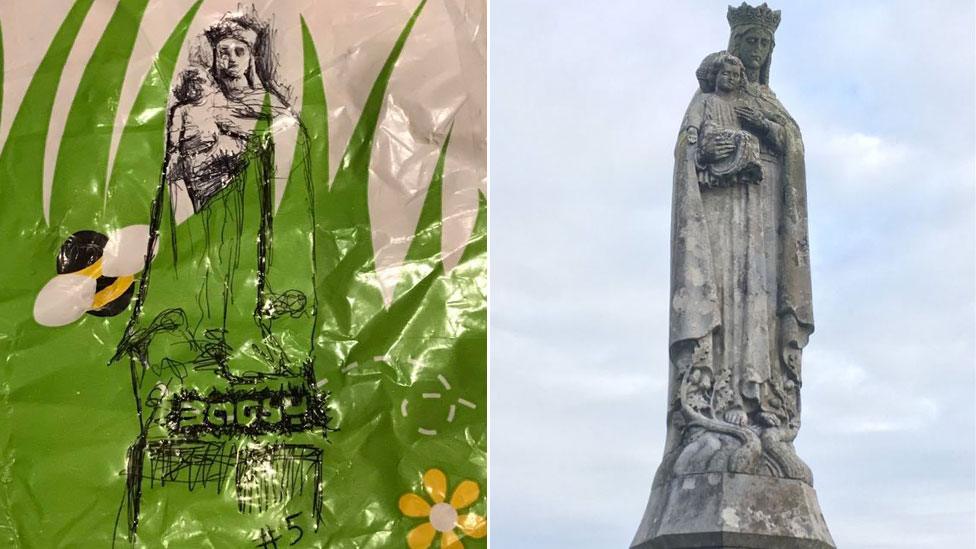 Our Lady of Penrhys statue (r) and illustration (l)