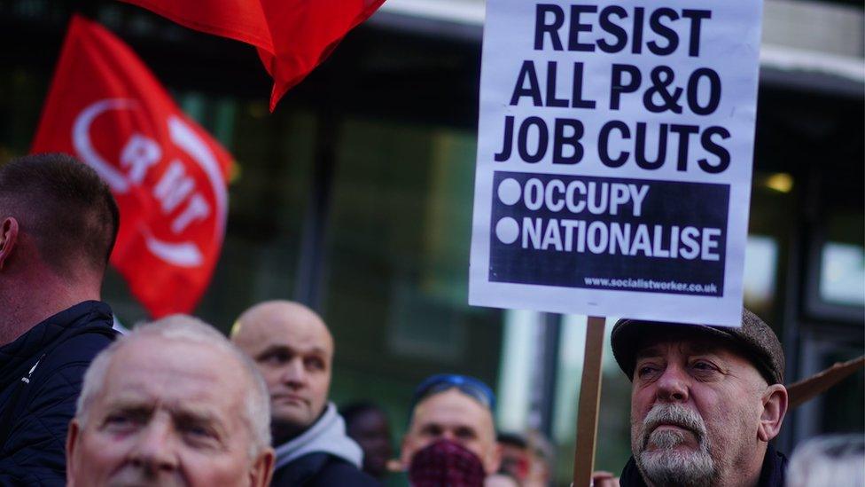 Protests outside the London office of P&O Ferries' owner DP World