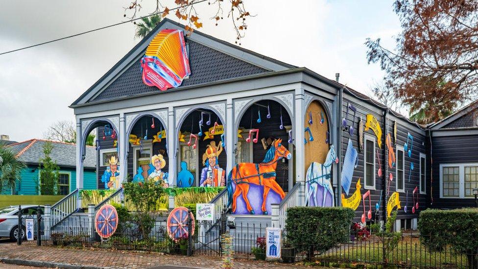 The Acadiana Hay Ride House, whose decorations are sponsored by Krewe of Red Beans, and pays homage to zydeco pioneers Boozoo Chavis and Clifton Chenier and the “Cajun Hank Williams”, DL Menard on January 24, 2021 in New Orleans, Louisiana