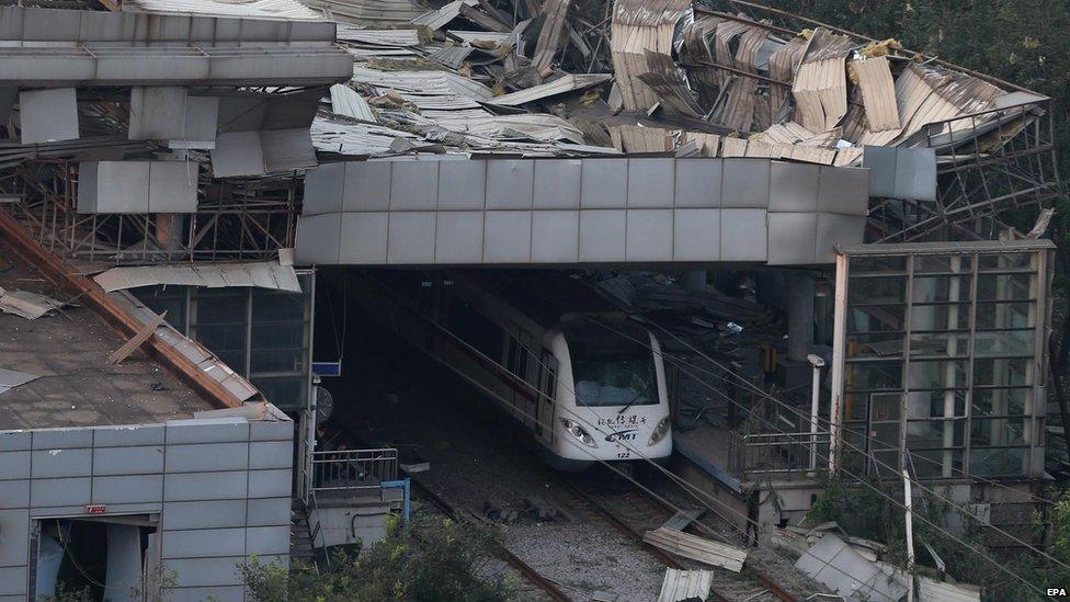 A station damaged by two explosions in Tianjin